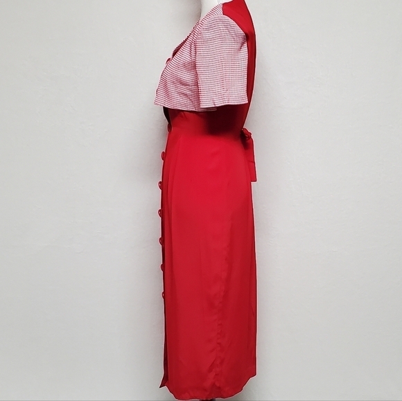 𝅺BRIOCHE 80s Vintage Red Gingham Plaid Cropped Jacket Tie Pleated Wiggle Dress - Picture 9 of 16